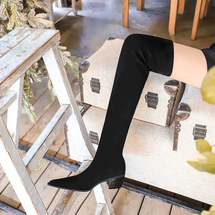 New Women Stretch Lycra Sexy Long Sock Boots Pointed Toe Platform Party Shoes Ladies Slim Chunky High Heels Over The Knee BootsT251223