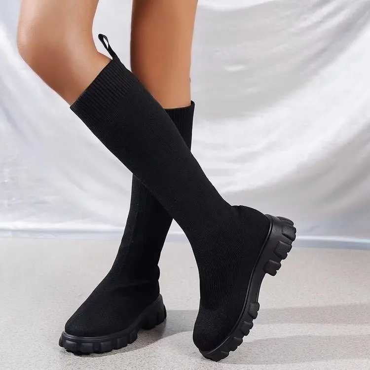 2024 Womens Autumn/Winter New Brand Fashion Womens Boots Mid Sleeve Elastic Socks Boots Thick Sole BootsT251223