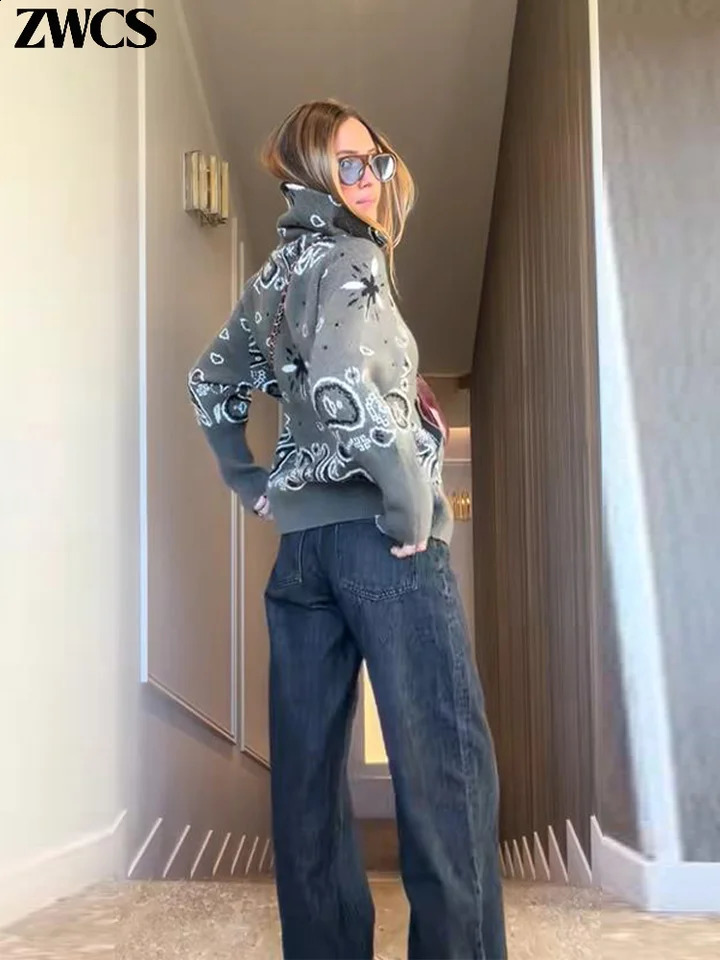 Knitted Stand Collar Zippers Cardigan Womens Casual Printed Full Sleeve Sweaters 2026 Spring Female Fashion Knitwear 251223