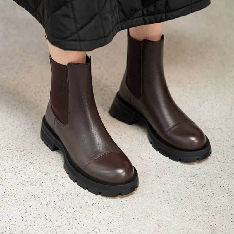 2024 Winter Shoes Women Leather Ankle Boots Women Round Toe Thick Heel Platform Shoes Solid Chelsea Boots Casual Women BootsT251223