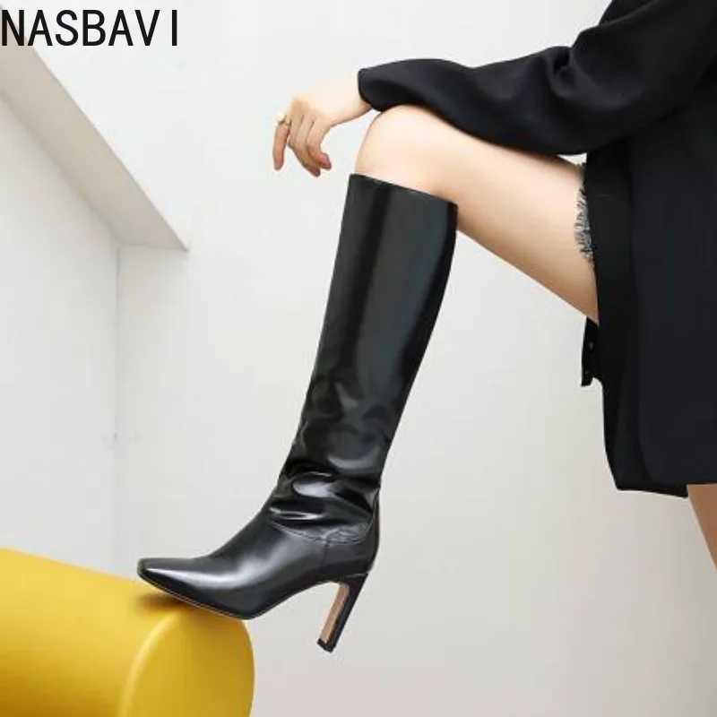 NASBAVI Black White New Square Toe Microfiber Super High Heel Boots Green Square Heel Plush Knee Boots Pu Sleeve Womens ShoesT251223