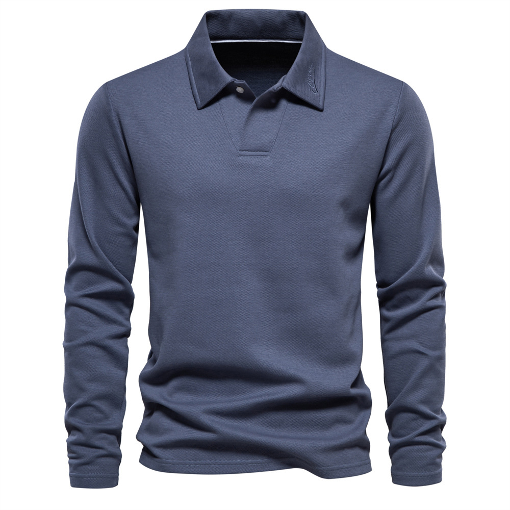 WOZK2026 Spring and Autumn New Men's Washed Long Sleeve with Collar, Casual Solid Color Top, Trendy Collar, Versatile Polo