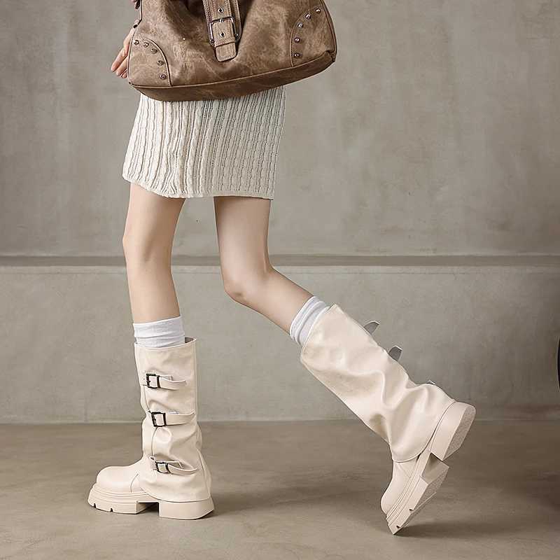 Pleated Buckle Knight Boots for Women Autumn Brown PU Leather Mid Calf Boots Woman Slip-On Thick Heel Riding Botas Mujer 2024T251223