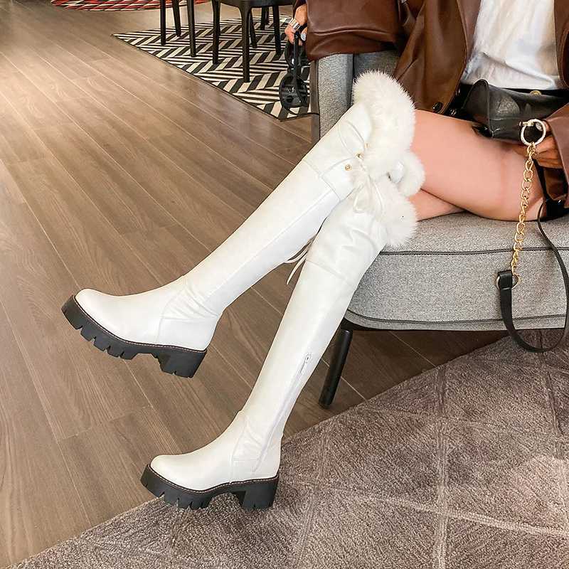 Cuffed Faux Fur Thick-Soled Over-The-Knee Boots Lace-Up Side Buckle Sweet Thick-Heeled Boots Warm And Comfortable Womens ShoesT251223