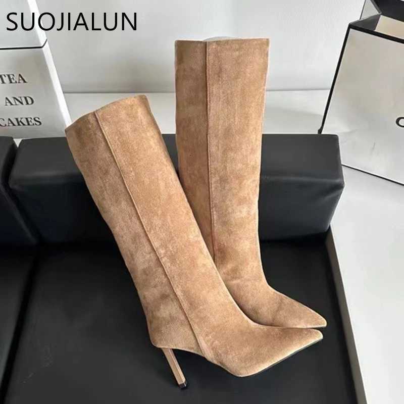 SUOJIALUN Brand Women Long Boots Fashion Pointed Toe Slip On Ladies Elegant Knee-high Boots Thin High heel Outdoor Dress PumpsT251223
