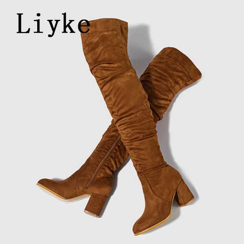 Liyke 2025 New Fashion Round Toe Zip Thigh High Boots Women Autumn Winter Chunky Heels Motorcycle Over The Knee Shoe Botas MujerT251223