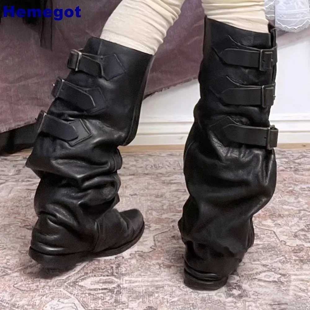Genuine Leather Round Womens Boots 2025 Street Belt Buckle Solid Color Fashion Casual Trouser Boots Pleated Retro Mid-Calf BootT251223