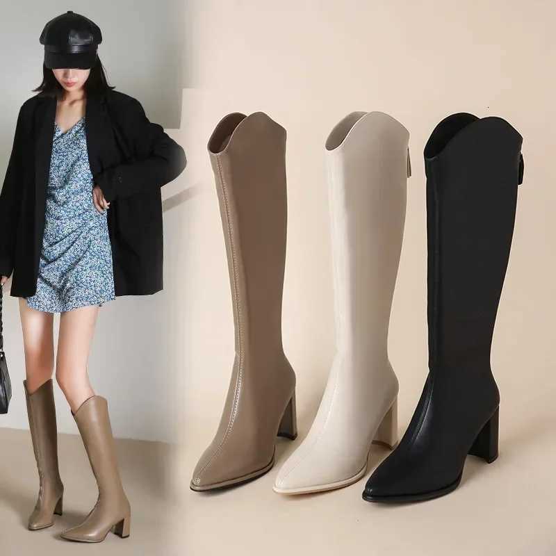Soft Pu Leather Knee-High Boots Women 2024 Winter Short Plush Thick Heels Long Boots Woman Black Back Zipper KnightT251223