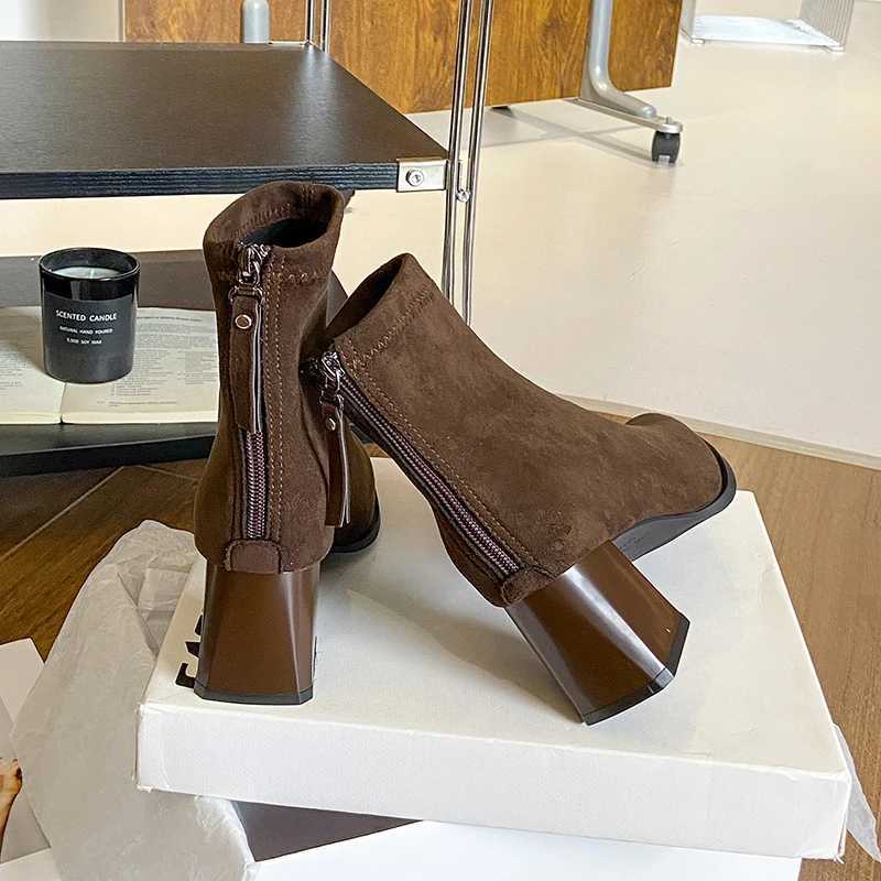 Brown Boots for Women Autumn Stretch Slim Boots Suede Short Boots for Women 2025 New Pointed High-heeled BootsT251223