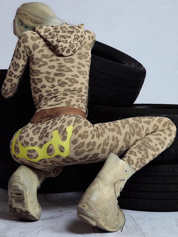 Casual Panelled Leopard Women Pants Sets Hipster Letter Printed Zip-up Tops+Skinny Elastic Trousers Female Street 2 Piece