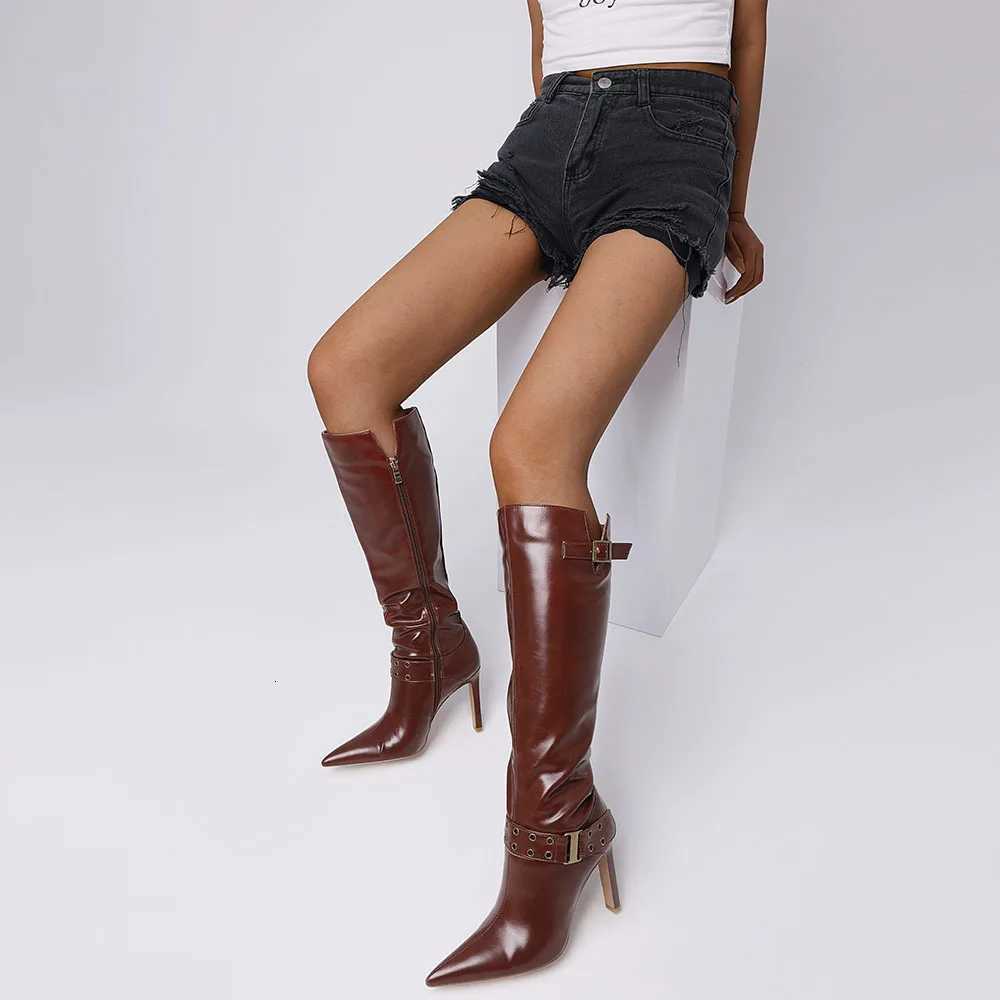 Sexy Pointed Toe Thin High Heel Female Fashion Modern Boots Hollow Metal Punk Spring/Autumn Party Mid-calf Boots For WomenT251223