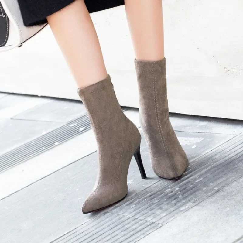 2024 Women Boots Short High Heels Shoes for Women Autumn Suede Imitation Leather Ankle Boots Black Sock Women Heels Boots FemaleT251223