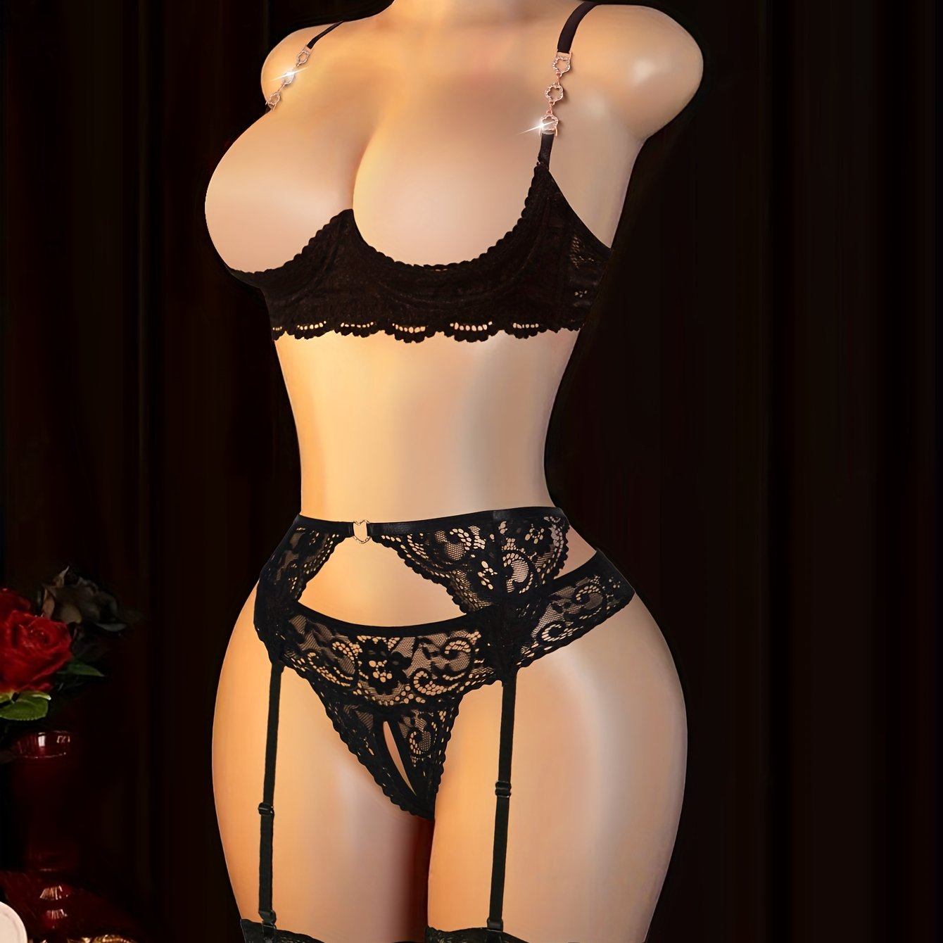 5pcs Women's Sexy Lingerie Set Lace Hollow Out Half-Cup Metal Chain Decorated Bra Garter Belt Thong Over-the-Knee Stockings Choker Set