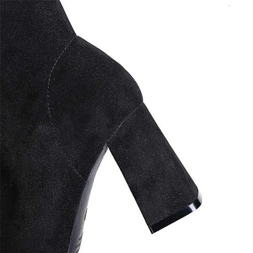 Plus Size 43 Thick Heel Ladies Work Boots Black Flock Sexy Slim Slip-On Ankle Boots Autumn Women Pointed High Heels Party ShoesT251223