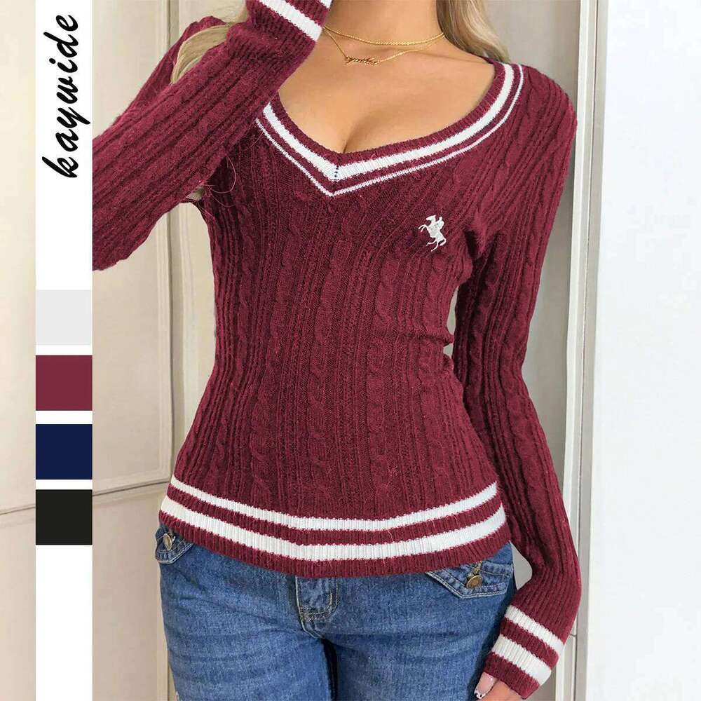 Faionable V-Ne Long Sve Knitted Sweater Autumn Winter Slim Fit Street Sle Knitwear Simple Ele Women's Top