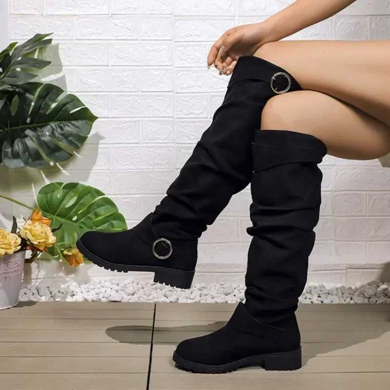 2024 Hot Sale Ladies Shoes Slip-on Womens Boots Fashion Belt Buckle Modern Boots Women New Plus Size Solid Knee-High BootsT251223