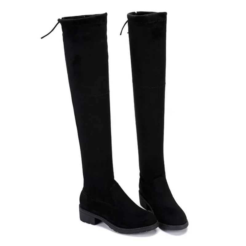 Womens Winter New Black Knee High Boots Fashionable Lace Up Thick High Heels Warm Suede Round Toe Elastic Long BootsT251223