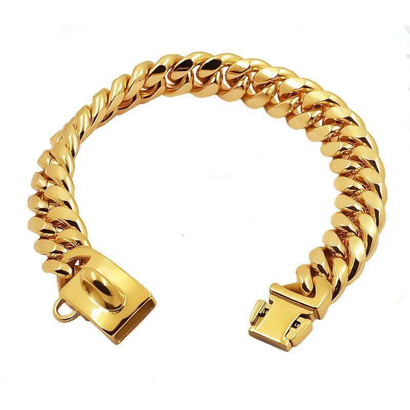 Metal Dog Collar Stainless Steel Choker Gold Cuban Link Chain 14mm Wide Lead for Small Medium Large Dogs Pet Accessories 25N1223