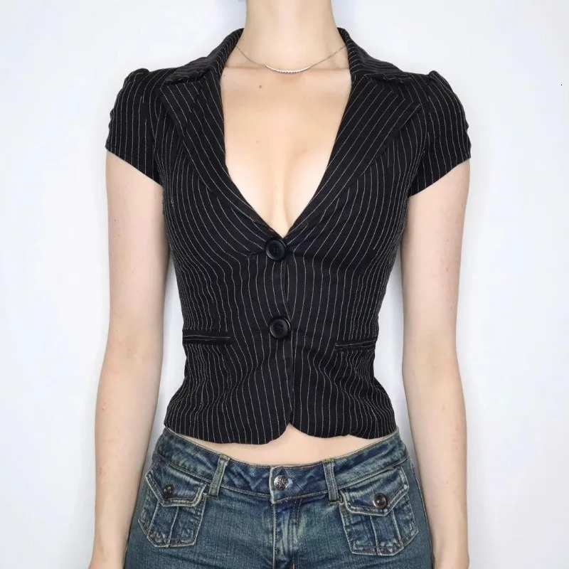 American Sexy V-neck All-match Striped Shirt Women Slim Waist Blouses Summer Short Sleeve Black Blusas De Mujer 251222