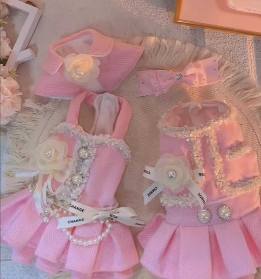 Pink Luxury Pearl Magnolia Design High-End Custom Pet Dress Set Winter Clothes Suit For Small Dog Z251223