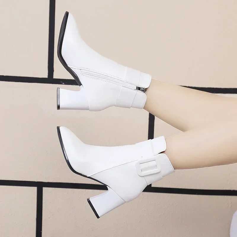 White Black Thick High Heel Ankle Boots Women 2024 Pointed Toe Keep Warm Elegant Short Booties Ladies Ankle Buckle DecorationT251223