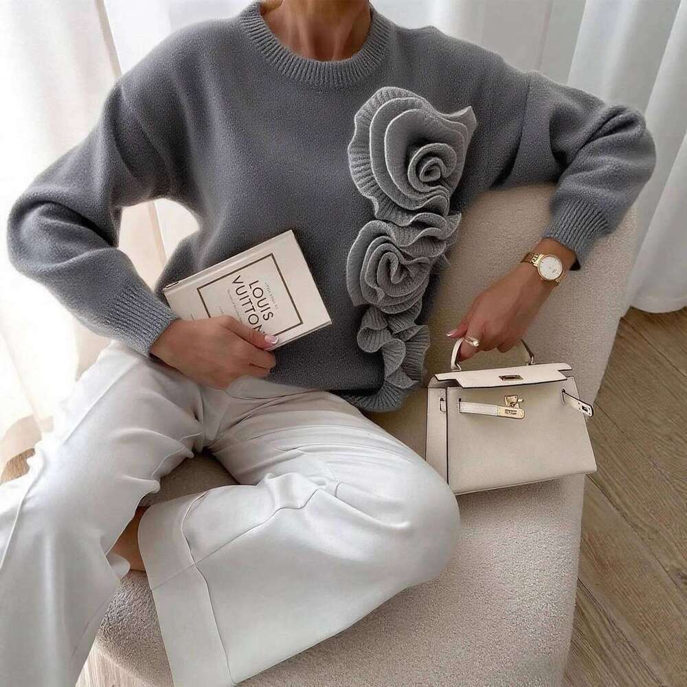Autumn And Winter Fashion New Women's Elegant Knitted Cashmere Sweater Three Dimensional Flower Color Contrasting Hoodie DREAM RECALL