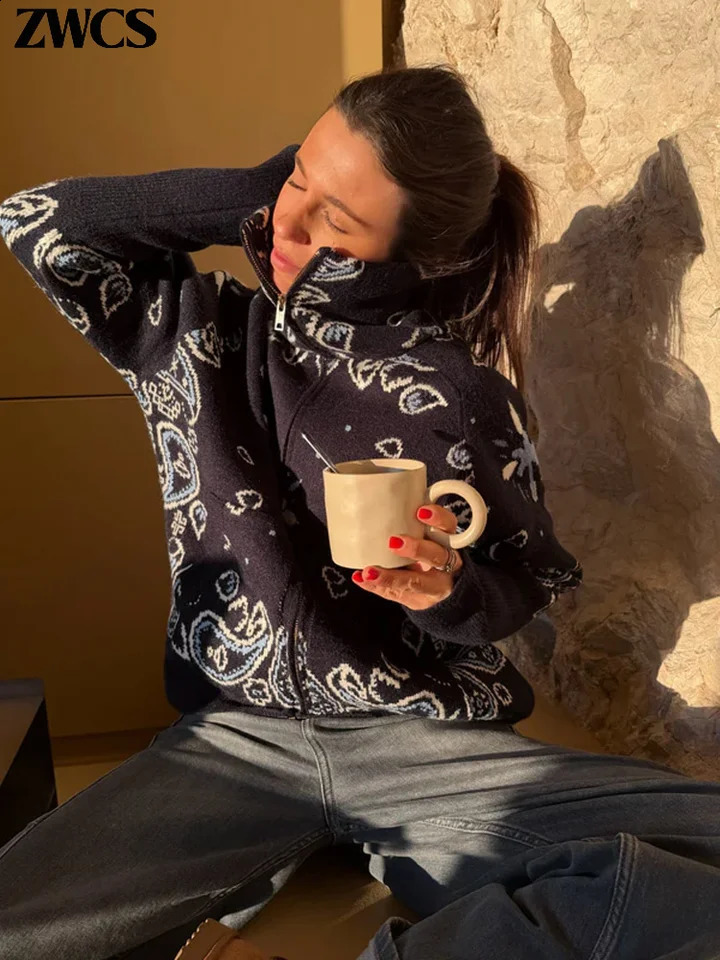 Knitted Stand Collar Zippers Cardigan Womens Casual Printed Full Sleeve Sweaters 2026 Spring Female Fashion Knitwear 251223