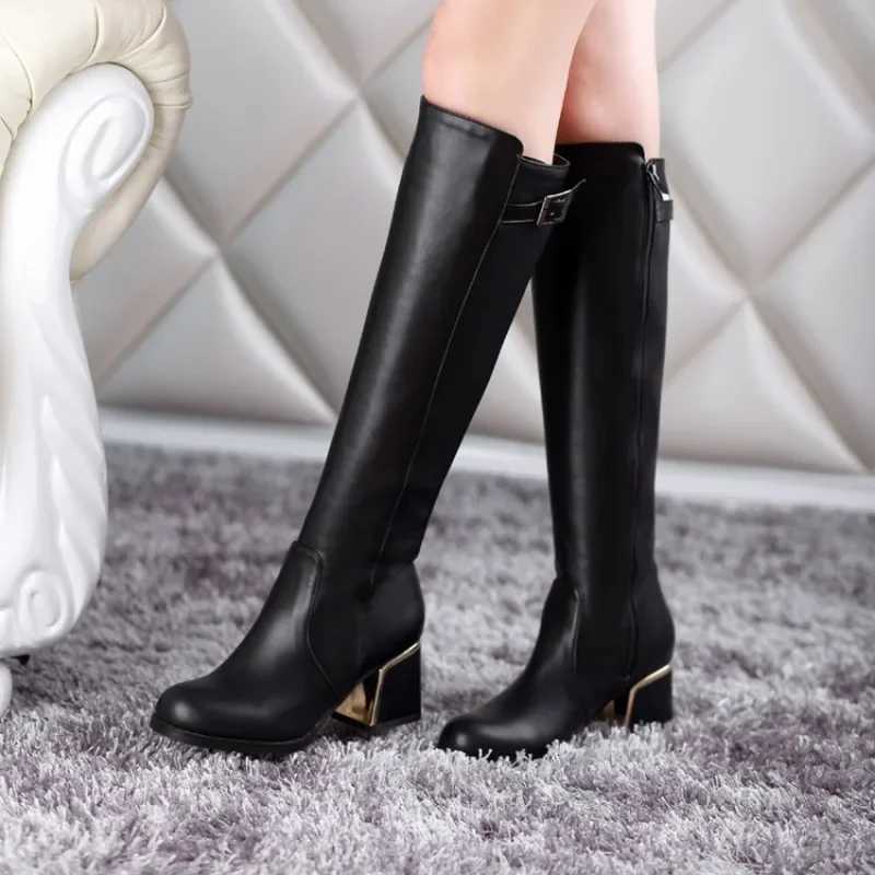 Women White Leather Knee Bare Boots Square High Heel Casual Long Tube Booties Lady Sexy Over Knee Thigh High Boots Lady WinterT251223