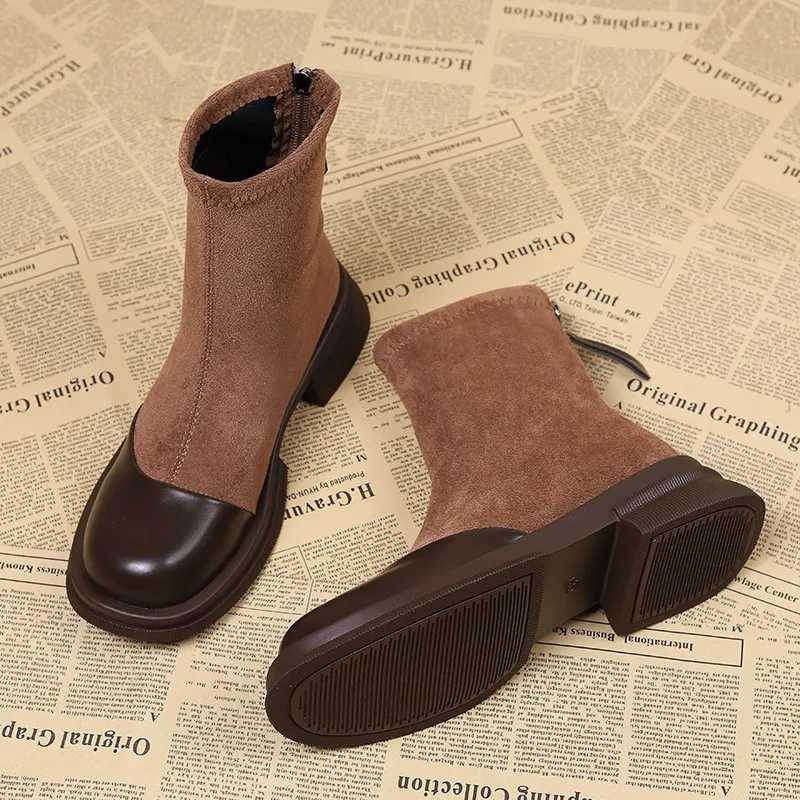 Autumn Winter Women Ankle Boots Fashion Patchwork Leather Thick Bottom Shallow Short Boots Low Heels Flock Ladies Platform ShoesT251223