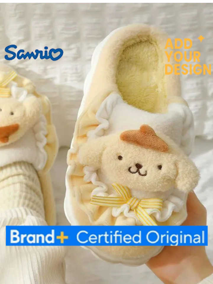Sanrio Hot Hello Kitty Girl Cartoon Keep Warm Slippers Student Winter Thick Sole Fleece-Lined Child Non-Slip Cotton Slippers New H251223