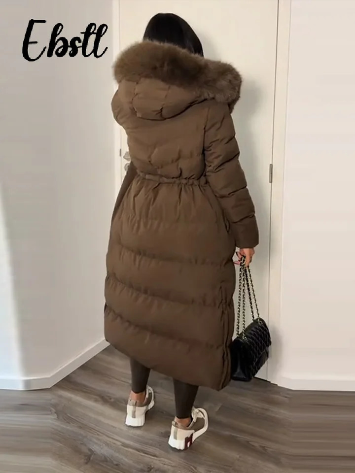 Warm Fur Collar Elastic Waist Hooded Coat Womens Elegant Waist-cinching Zippers Long Cotton Coats Winter Lady Outwear 251219BJ - view 7