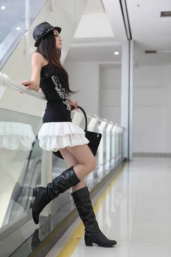 Fashion Women Boots Spring Boots Botas Female Stretch PU Leather Boots Shoes Woman Black White Roma Knee-Length BootsT251223