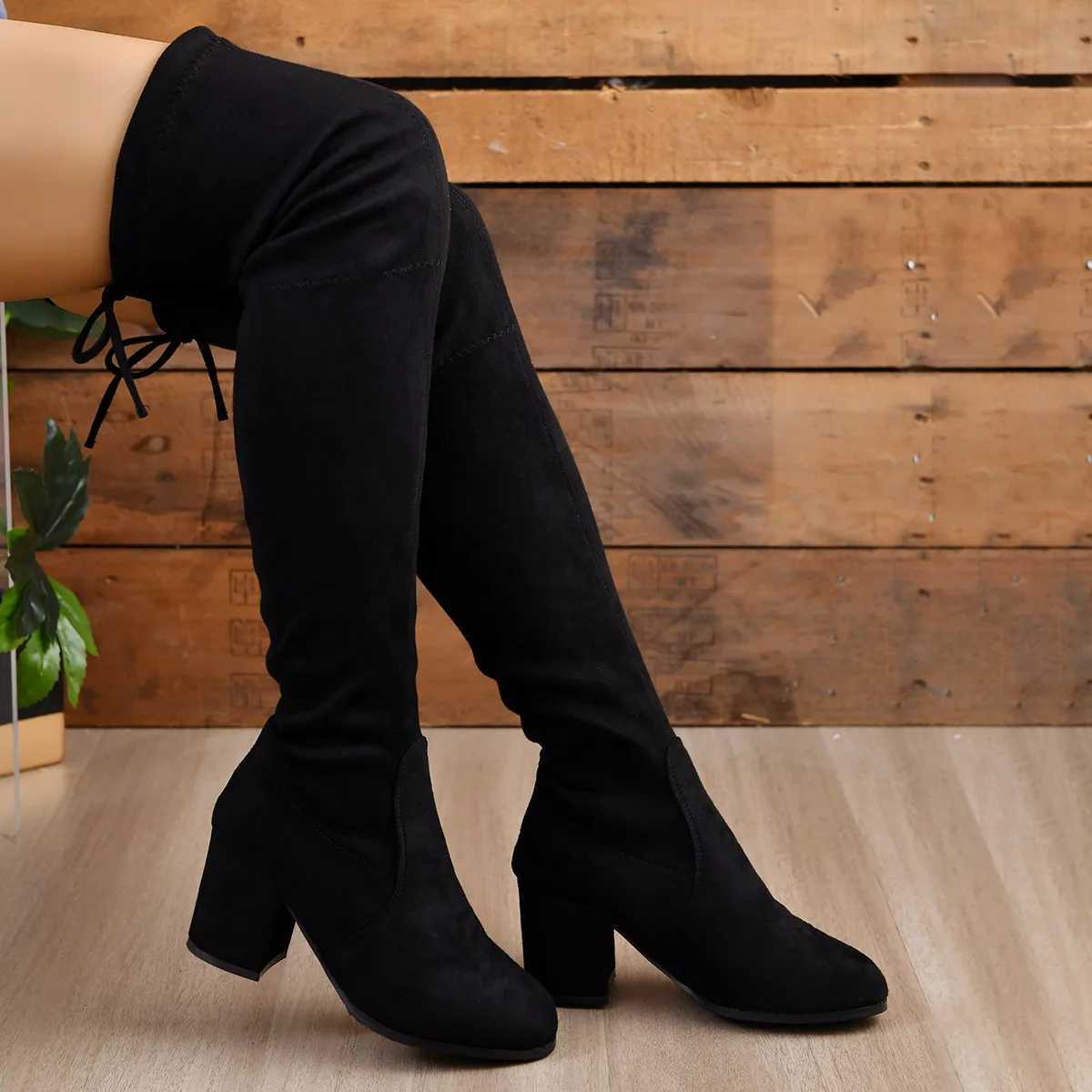 Women Boots Winter Black Over The Knee Boots 2024 New Comfort High Heels Shoes Fashion Warm Lace Up Long tube square heel BootsT251223