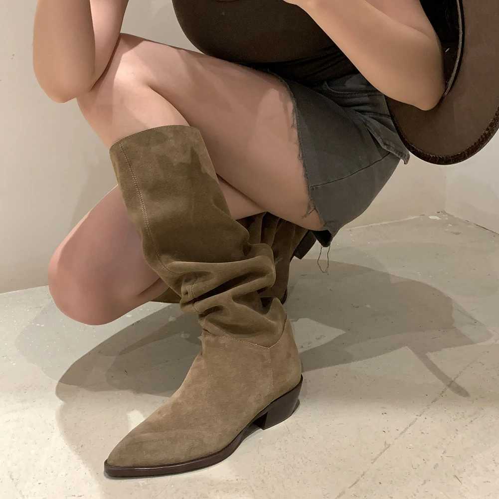 2025 New Kid Suede Retro Women Boots Autumn Winter Slip-On Boots for Women Pointed Toe Square Heel Basic Shoes Knee-high bootsT251223