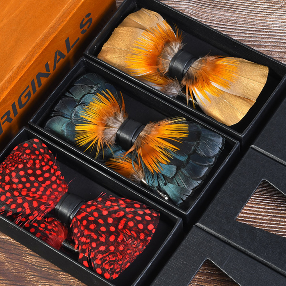 KAMBERFT 67 style Natural Feather Bow tie Exquisite HandMade Mens BowTie Brooch Pin Wooden Gift Box Set for Wedding 251022