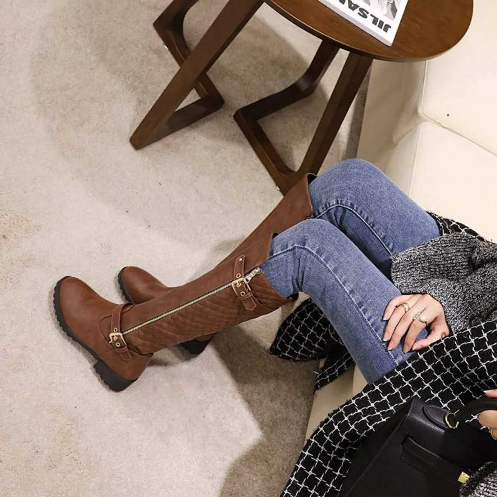 WomenS Long Zipper Belt Round Toe Chunky Heel Fashion Leather Fashion Knee Boots Womens High Boots Dress Low HeelT251223