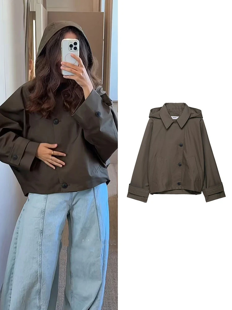 Womens Short Trench Coat Solid Hooded Loose Casual Overcoat Single Breasted Windbreaker Chic Lady Outfits 2025 Autumn 251212