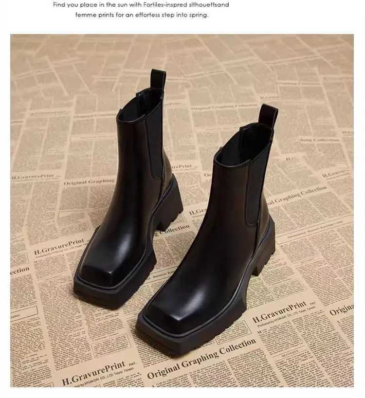 Small woman slim cigarette boots thick-soled square head thick heel Chelsea womens boots Hepburn short bootsT251223