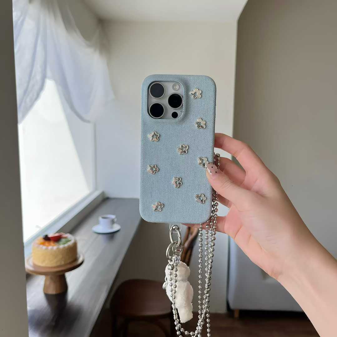 Artistic Sweet Blue Denim Small Flower Suitable for iPhone 16 Crossbody Pro Max Phone Case 15 Apple 14 Women 17