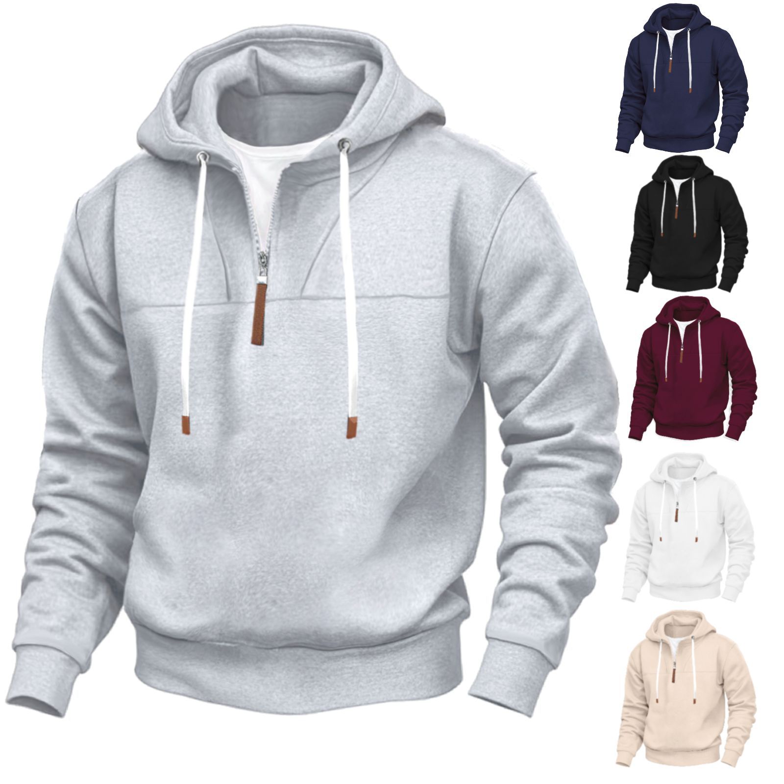 American Classic Men's Fleece-Lined Half-Zip Trendy Hoodie with Panel Design Long-Sleeve Loose Plus-Size Couple Hooded Sweatshirt