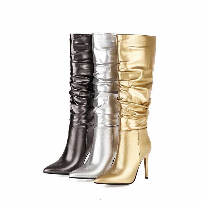 Kcenid Silver Gold Knee High Boots Women Pleated Pointed Toe Thin High Heels Dres Party Shoes Autumn Winter Long Boots WomanT251223