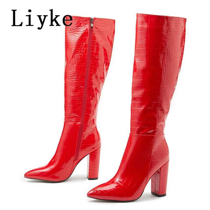 Liyke Fashion White Women Knee High Boots Sexy Snake Print Leather Pointed Toe Square Heels Ladies Long Booties Zip Female ShoesT251223