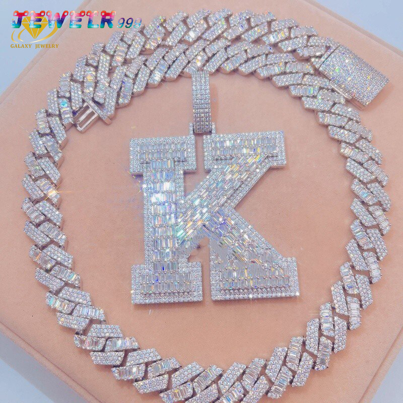 Custom 14k 18k Gold Letter K Moissanite Pendant Cuban Chain Name 2/3inches S925 Baguette Diamond Ice Out Initial Pendant Charm