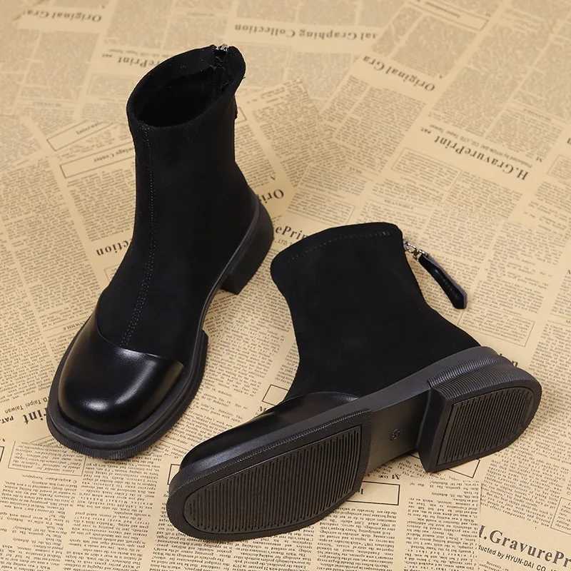 Autumn Winter Women Ankle Boots Fashion Patchwork Leather Thick Bottom Shallow Short Boots Low Heels Flock Ladies Platform ShoesT251223