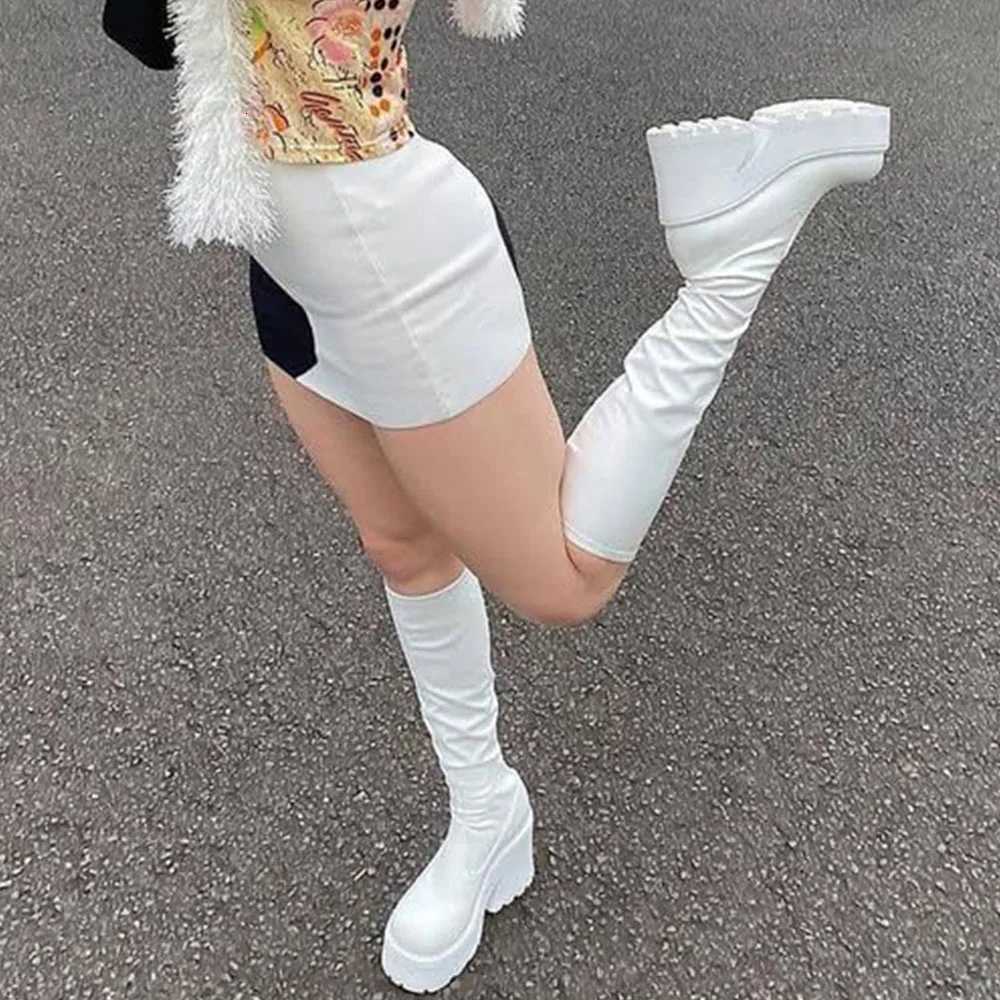 DoraTasia Fashion Round Toe Chunky Heel Womens Stretch Boots INS Punk Street Snap Motorcycle Nightclub Winter Shoes WomanT251223