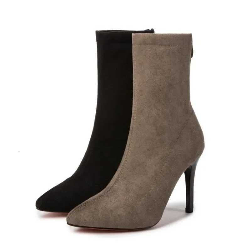 2024 Women Boots Short High Heels Shoes for Women Autumn Suede Imitation Leather Ankle Boots Black Sock Women Heels Boots FemaleT251223