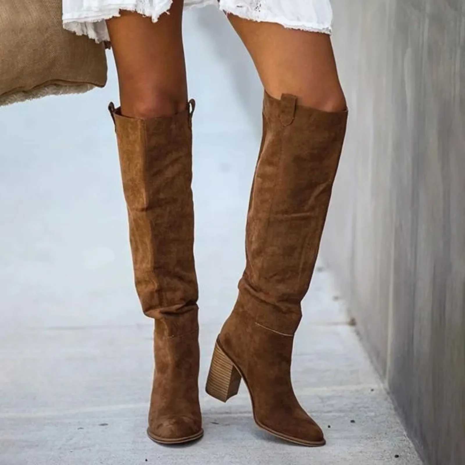 Women Fashion Casual Vintage Retro Long Knee-high Cowboy Boots Square Heel Shoes Boot WomanT251223