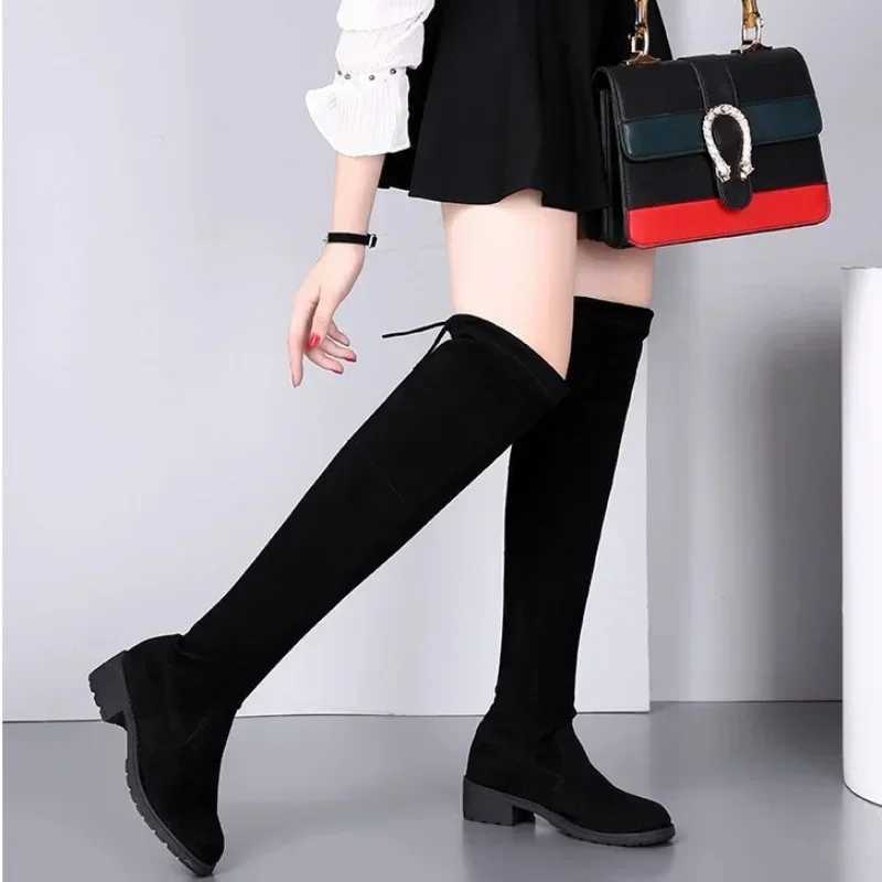 Womens Winter New Black Knee High Boots Fashionable Lace Up Thick High Heels Warm Suede Round Toe Elastic Long BootsT251223