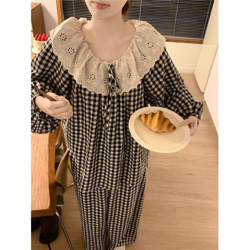 Plaid Pajamas Set Women Sweet Princess Cute Cotton Pyjamas Sexy Lace Full Sleeve Autumn 2Piece/Set Home Mom Sleepwear 210924