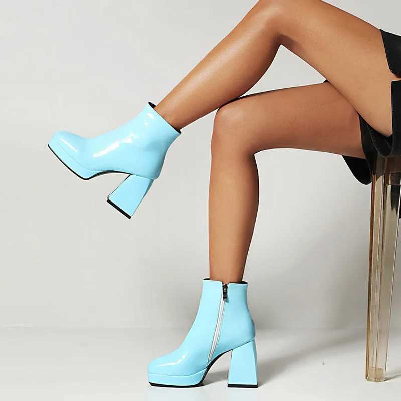Custom Patent Leather Candy Color Boots Women Square Toe Thick High Heels Women Ankle Boots Platform Shoes Woman Botas WSH4986T251223